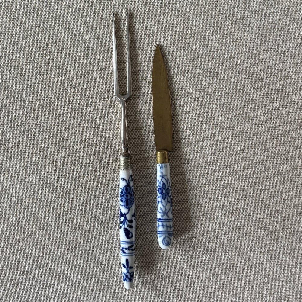 Vintage Bronze Bohemian Fruit Knife plus German Serving Fork Porcelain Handles - Picture 6 of 10